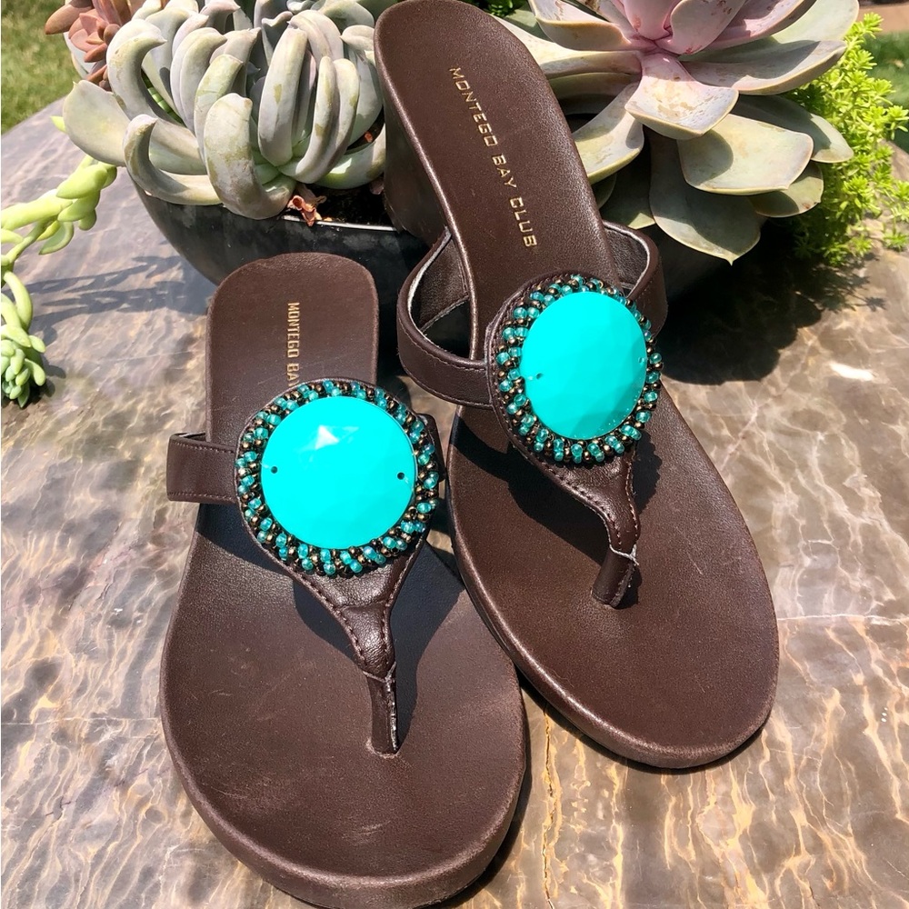 Montevideo Bay Club Women’s Wedged Flip Flop Style Turquoise Jeweled Sandal